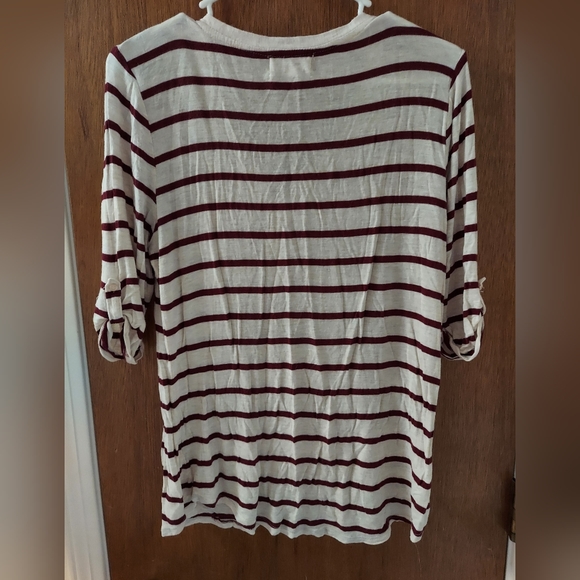 Pink Rose half sleeve shirt with sleeve buttons. Cream and maroon stripes. - Picture 2 of 3
